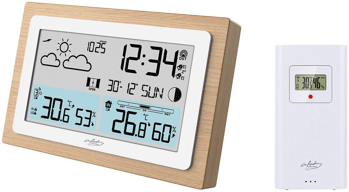 infactory Barometer: Funk-Wetterstation im Echtholz-Rahmen, Wettervorhersage, Uhr, Wecker (Wettersta