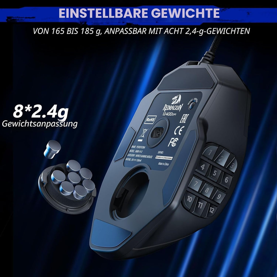 Redragon Optische RGB MMO Maus mit 12 Seitentasten,kabelgebundene Gaming Maus mit 12400DPI,8 * 2.4g