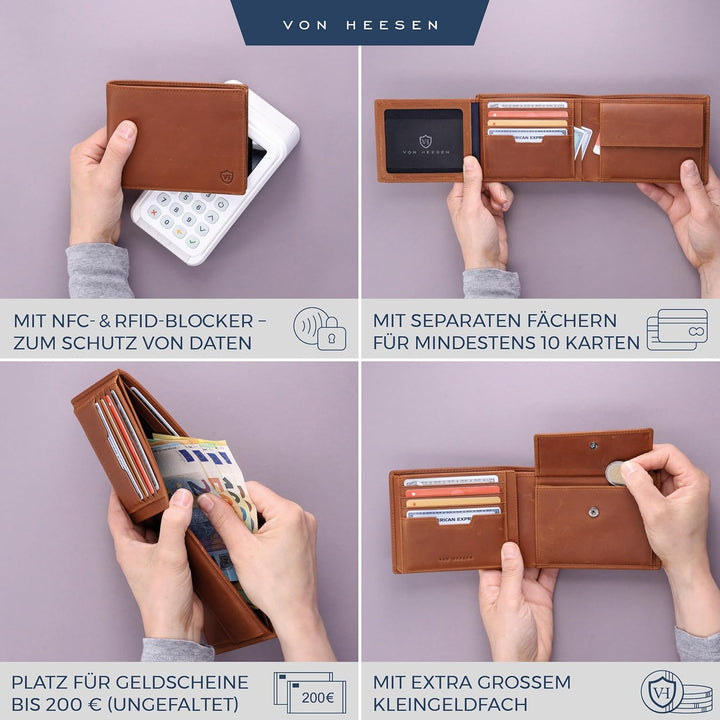 VON HEESEN Leder Geldbörse RFID Schutz I Echtleder Geldbeutel für Damen & Herren I Portemonnaie Brie