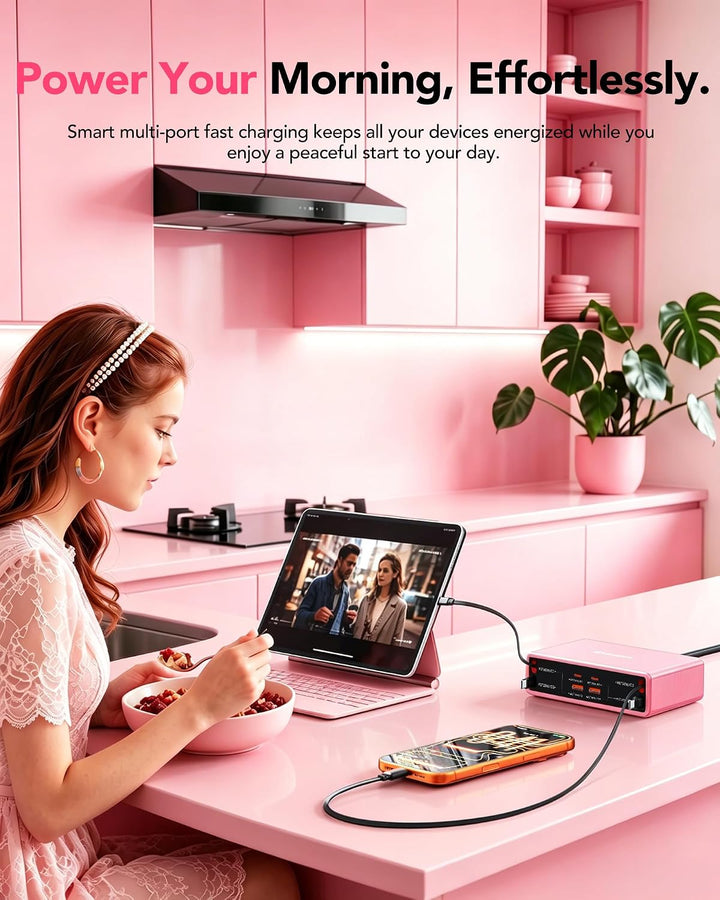 8 in 1 Retractable Charger USB C Ladegerät,105W Ladestation Mehrere Geräte Rosa 65W Kabel für 4 Typ