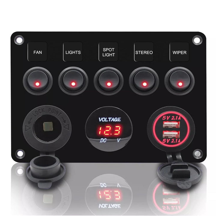 Geloo 5 Gang Schalter Panel, 12V/24V Kippschalter Panel IP65 Wasserdichte LED Voltmeter Dual USB Buc