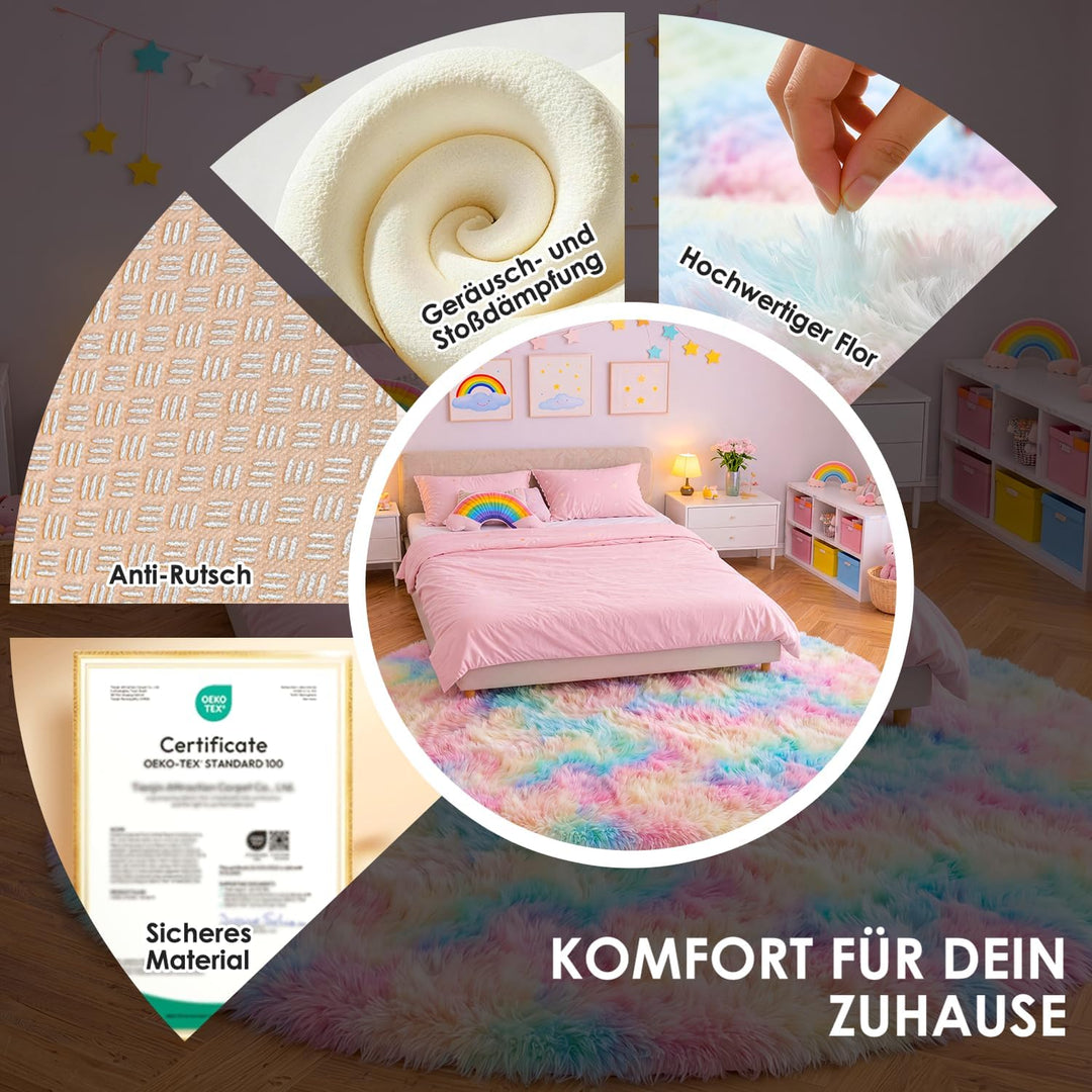 ROHATIM Schlafzimmer Plüsch Teppich Rund,Flauschiger Teppich für Wohnzimmer,modernes Wohnzimmer,Mädc