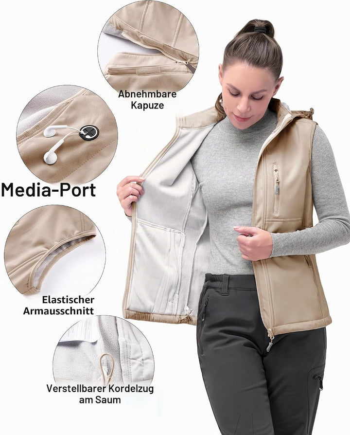33,000ft Damen Softshell Westen mit Abnehmbare Kapuze Fleece Gefütterte Ärmellose Jacke Wasserdichte