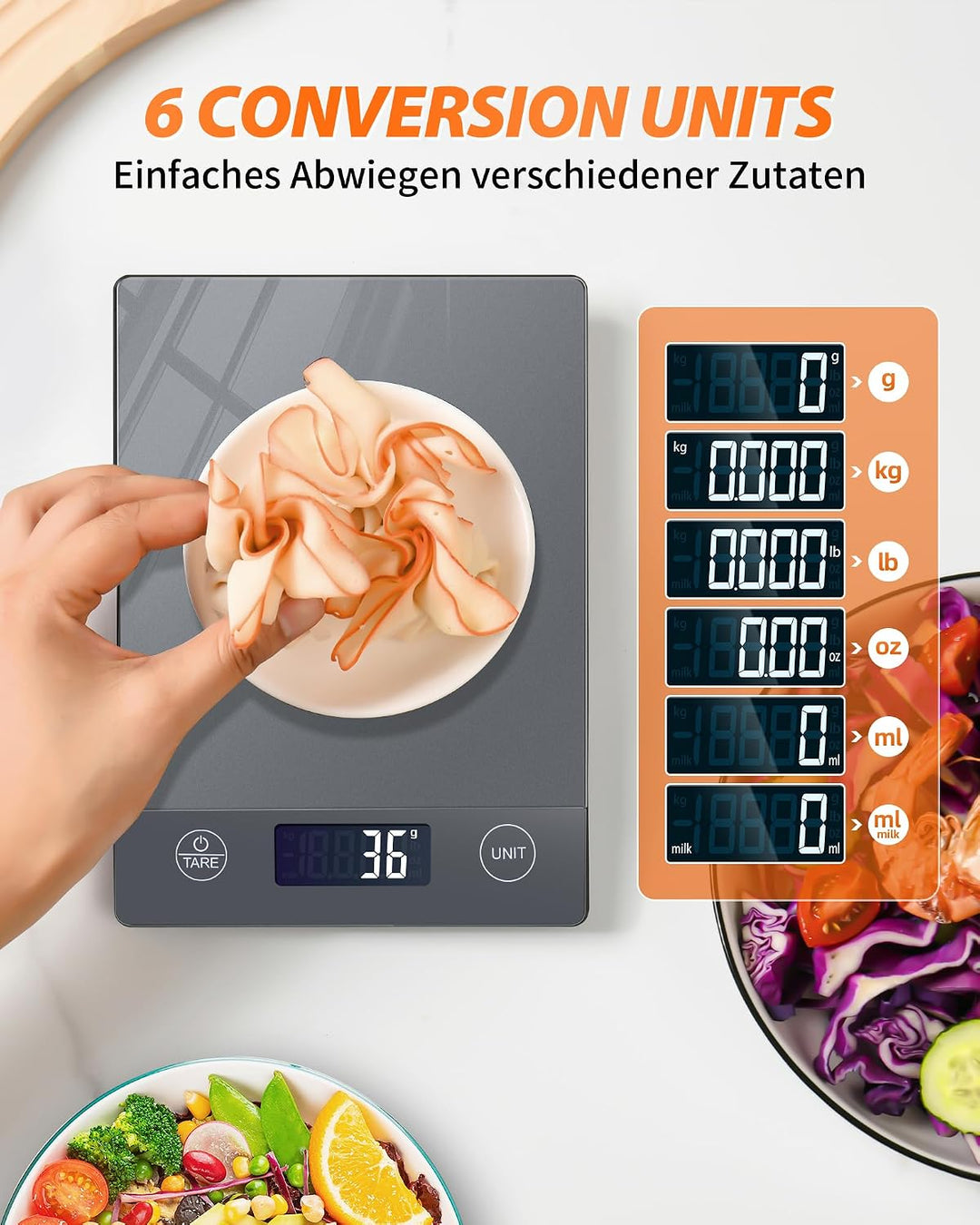 Küchenwaage Digitale mit LCD-Display und Tara-Funktion, Präzise 1g Messung zum Backen und Kochen, Gl