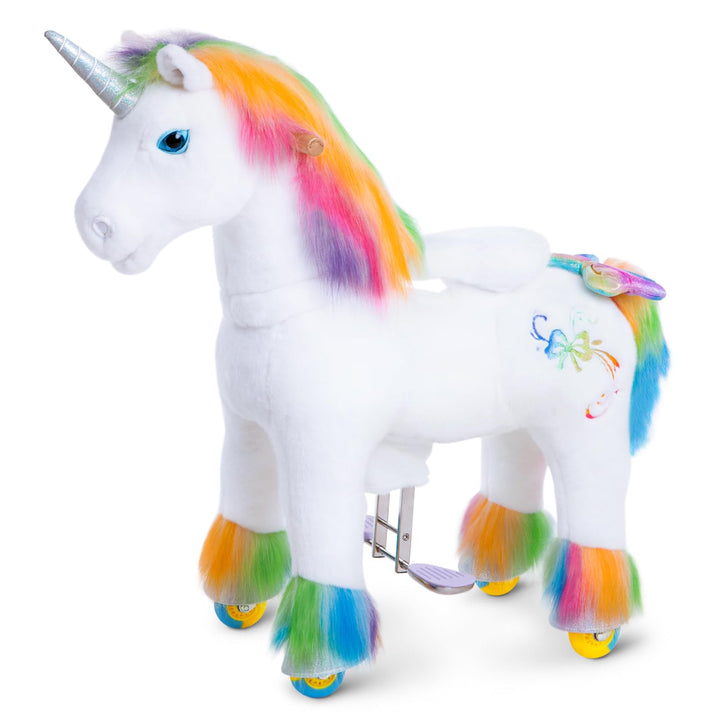 PonyCycle Einhorn Reitpferd, für Kinder 4–7 Jahre, 89cm Hoch, Pferd mit Rollen mit Handbremse, Einho