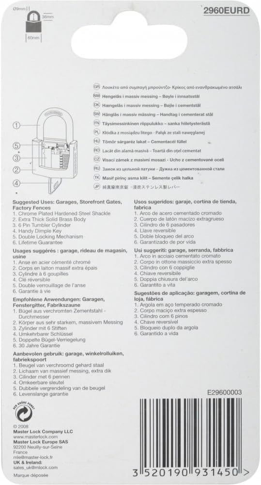 MASTER LOCK 2960EURD Vorhängeschloss 60mm Vollmessing 8,8 x 6 cm, 8,8 x 6 cm