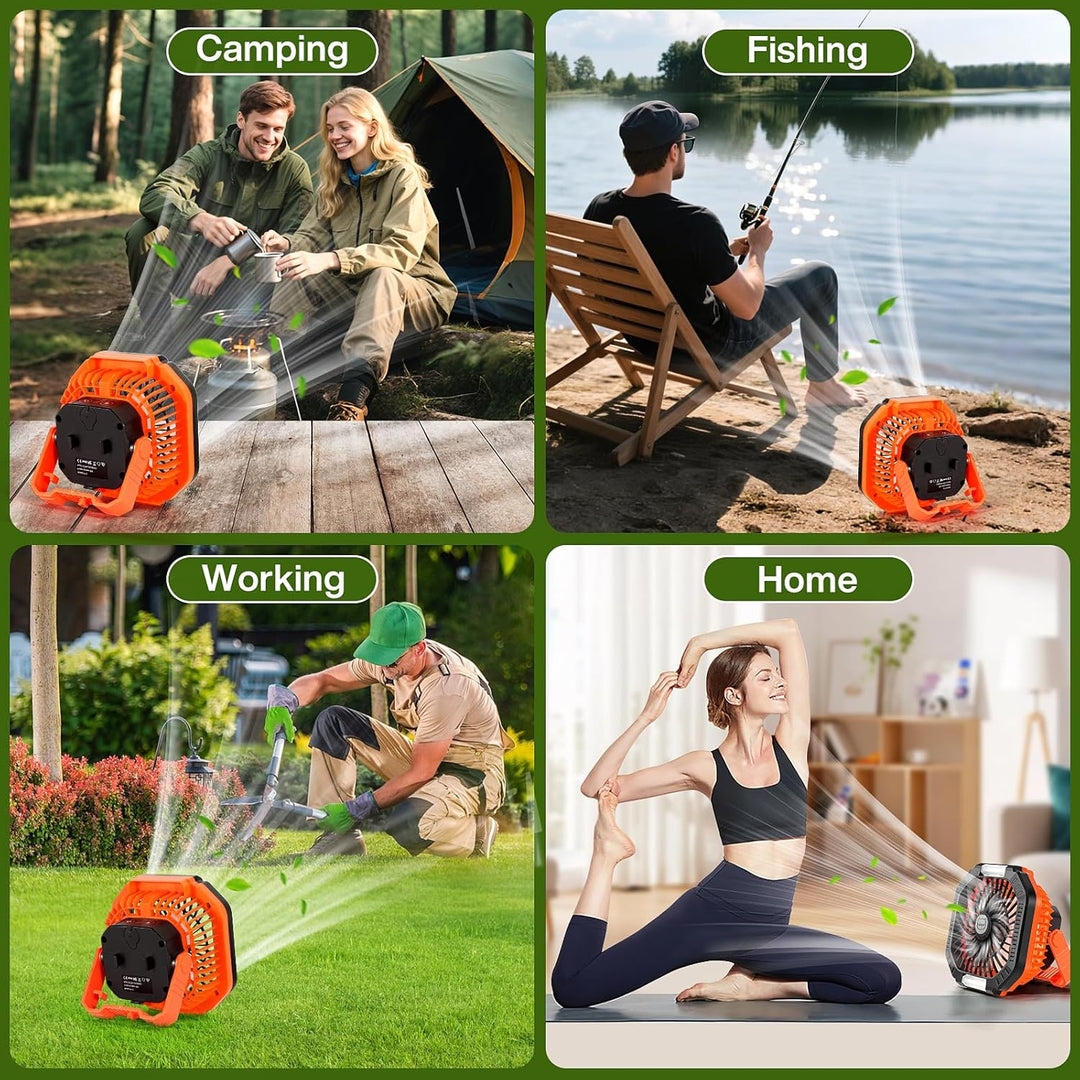 MIAOKE Camping Ventilator, 10400mAh Tischventilator,USB Ventilator Akku mit Licht,Haken,Paracord-Arm