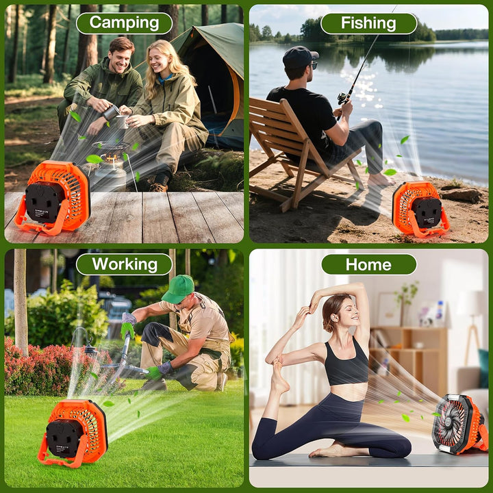 MIAOKE Camping Ventilator, 10400mAh Tischventilator,USB Ventilator Akku mit Licht,Haken,Paracord-Arm