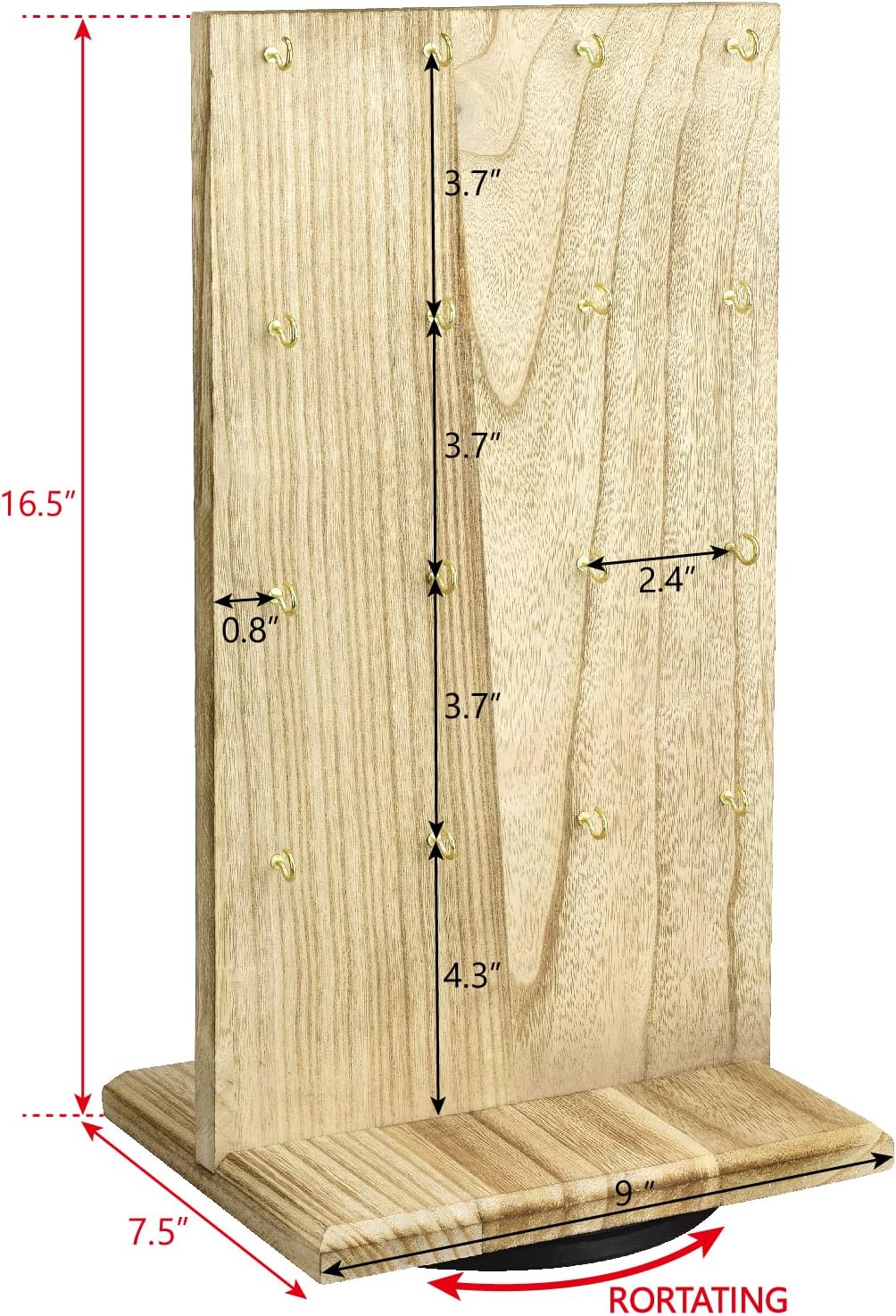 Ikee Design Drehbarer zweiseitiger Schmuckständer aus Holz, drehbarer Organizer mit 32 Haken zur Auf