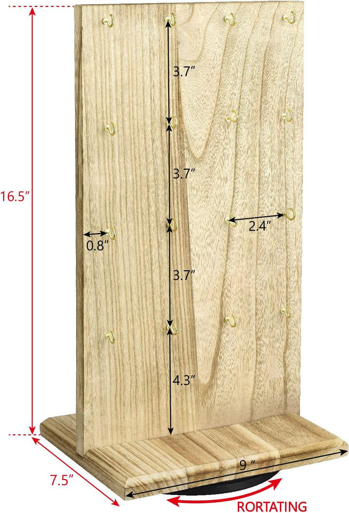 Ikee Design Drehbarer zweiseitiger Schmuckständer aus Holz, drehbarer Organizer mit 32 Haken zur Auf