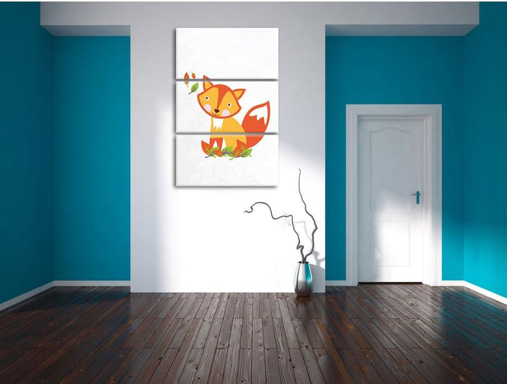 Pixxprint Niedlicher Fuchs in Laub Haufen als Leinwandbild/Grösse: 3 Teilig (120x80) cm/Wandbild/Kun