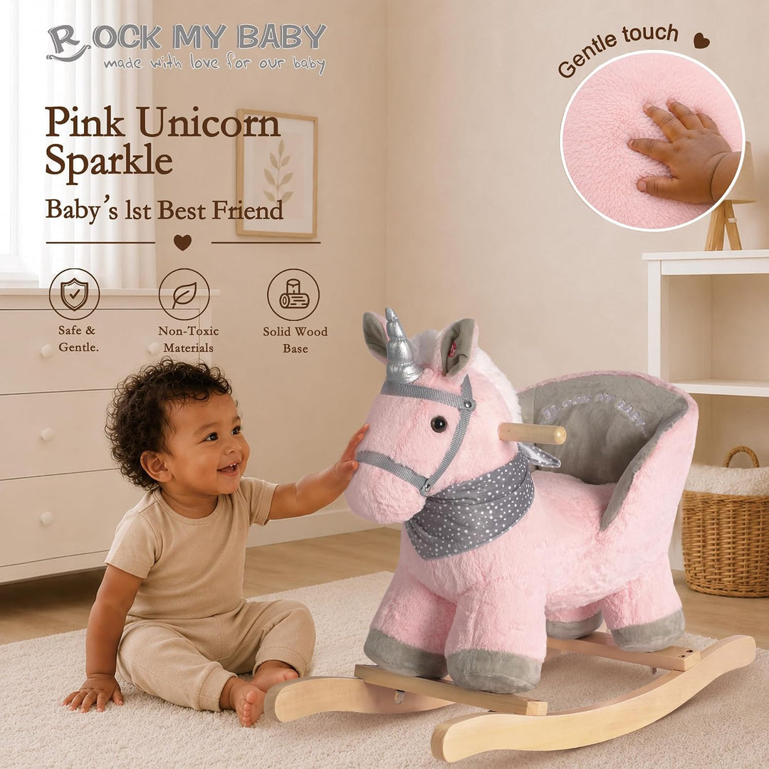 Plüsch Rocking Horse - weicher gefüllter Körper, Sicherheitssitz Stuhl, Holz Rockers, Musikknopf - K
