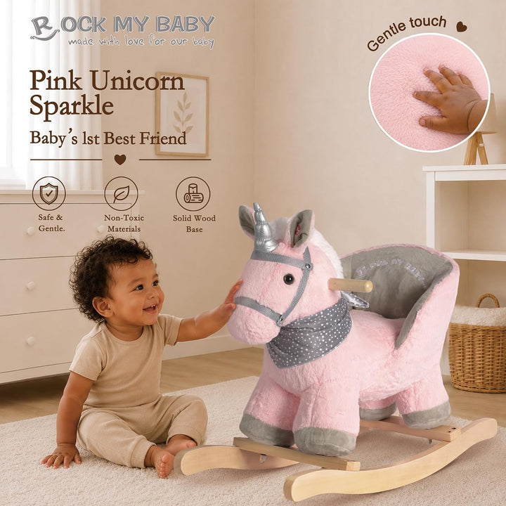 Plüsch Rocking Horse - weicher gefüllter Körper, Sicherheitssitz Stuhl, Holz Rockers, Musikknopf - K