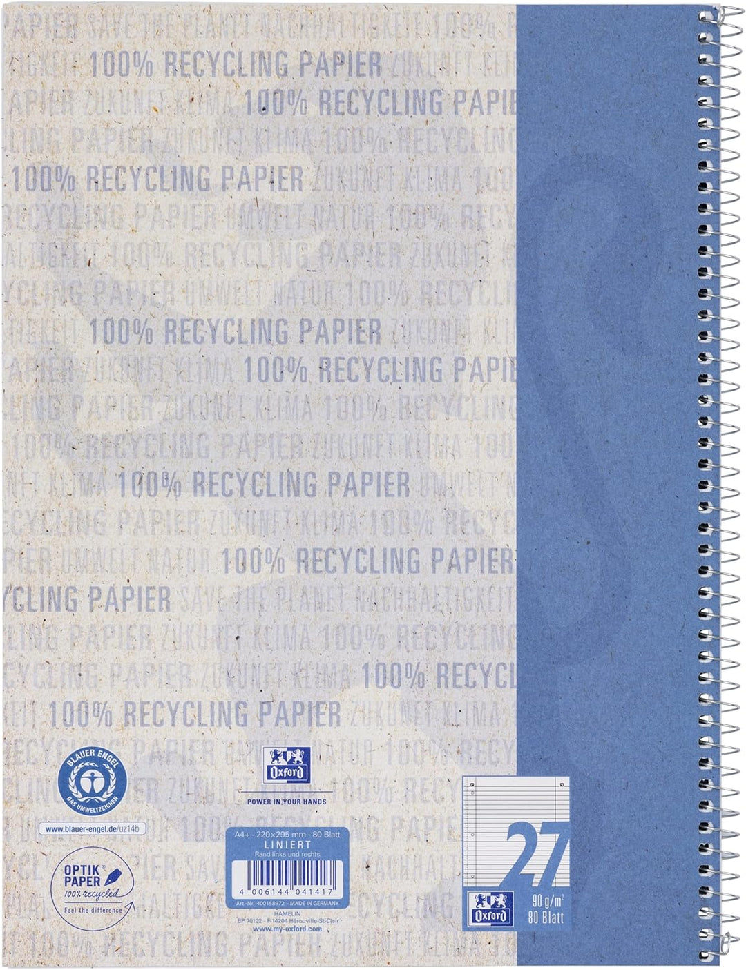 Oxford Recycling Collegeblock A4 liniert mit Doppelrand, 80 Blatt, 10 Stück, A4 liniert mit Doppelra