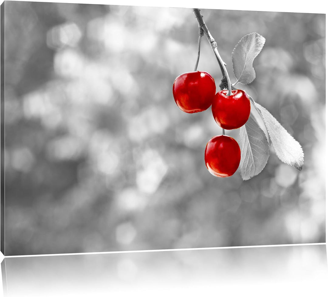 glänzende Kirschen am Zweig schwarz/weiss Format: 100x70 auf Leinwand, XXL riesige Bilder fertig ger