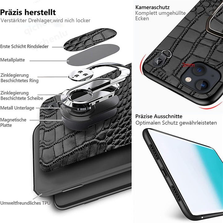 qichenlu Magnethalter Handyhülle mit Band für iPhone 14,Niete Echtleder Backcover Abnehmbare Handyke