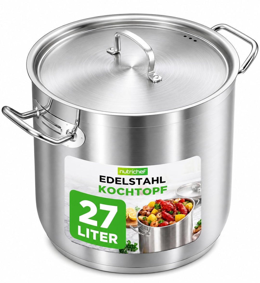 NutriChef Edelstahl Kochtopf 28,4L Induktion – Suppentopf mit Deckel, Profiqualität für Gastronomie