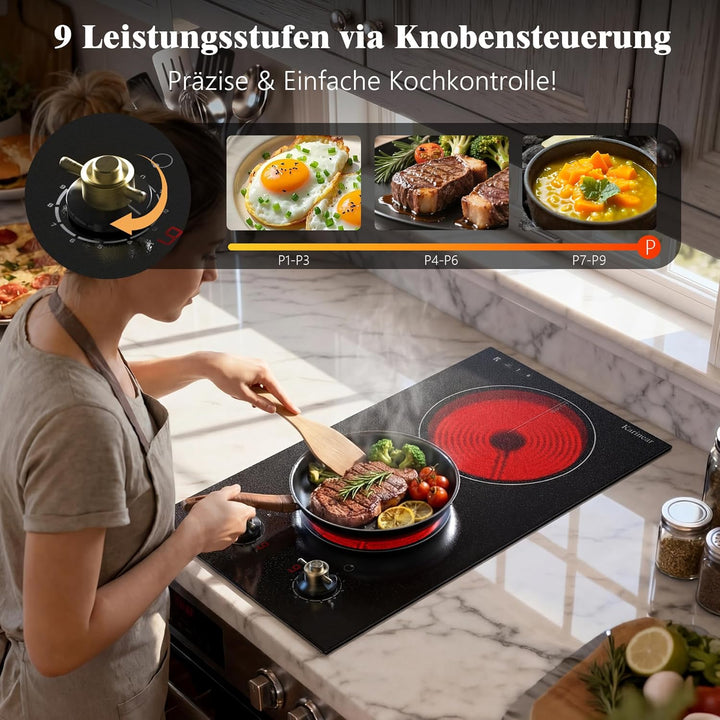 Glaskeramikkochfeld 2 Platten mit Stecker, Karinear Kochfeld Doppel Drehknopf, Autarkes 30cm Einbau