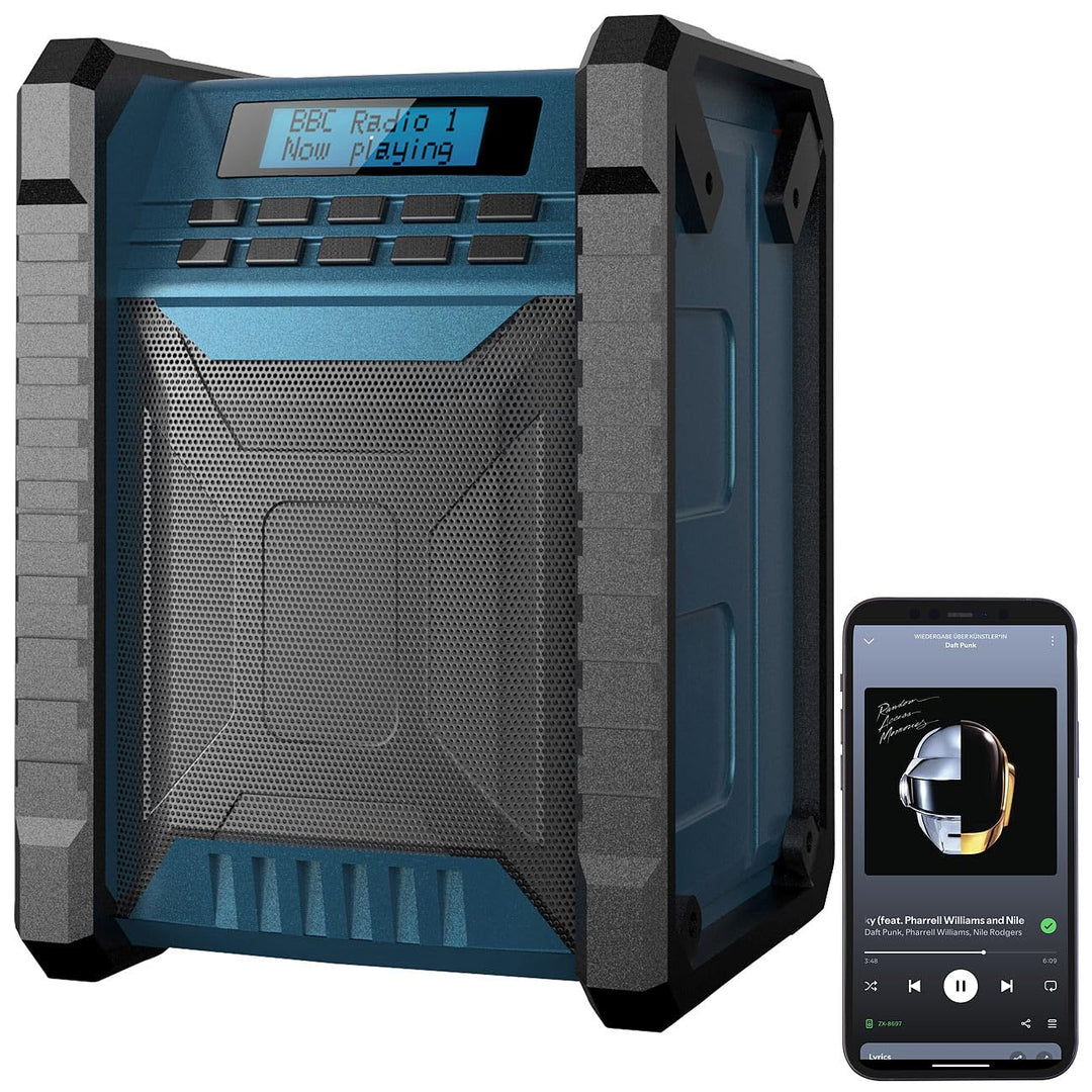 auvisio Lautsprecher, Bluetooth: Digitales DAB+/FM-Baustellenradio, Bluetooth, 80 Watt, IP54, Akku (