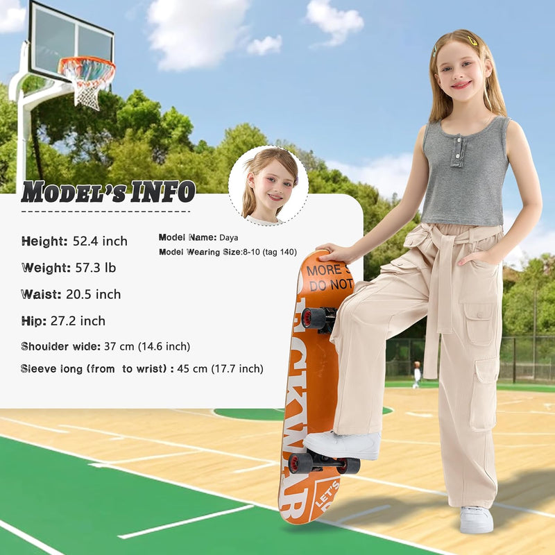 Rolanko Mädchen Baggy Cargo Hose, Elastisch Hohe Taille Gerade Weites Bein Streetwear Hose mit Mehre