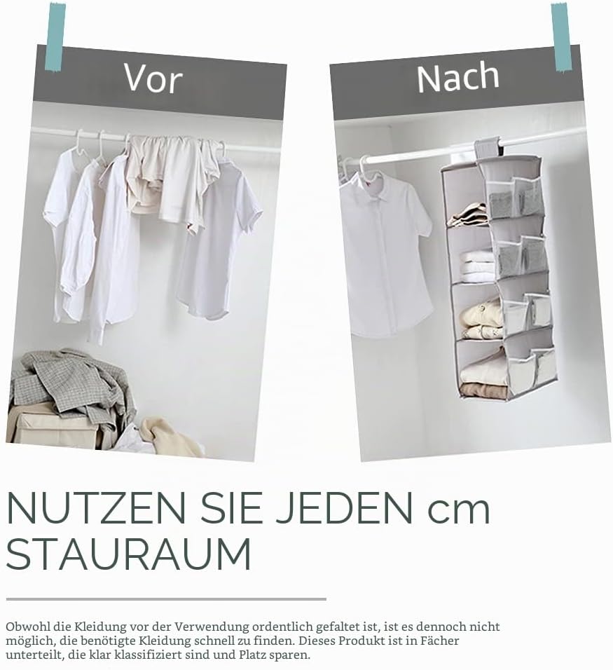 XiXiRan Hängeregal Kleiderschrank, 4 Fächer Hängender Organizer Schrank, mit 12 Netzseitentaschen fü