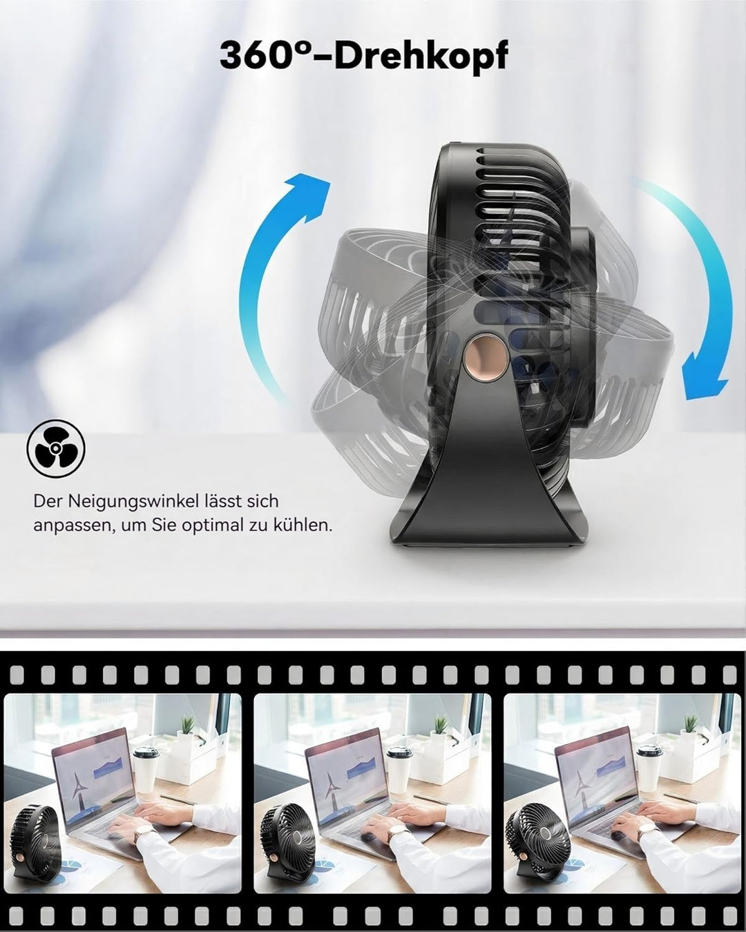 Tischventilator Klein, Leiser Mini Ventilator 26dB, 5 Geschwindigkeiten,3000mAh Akku,360° Verstellba