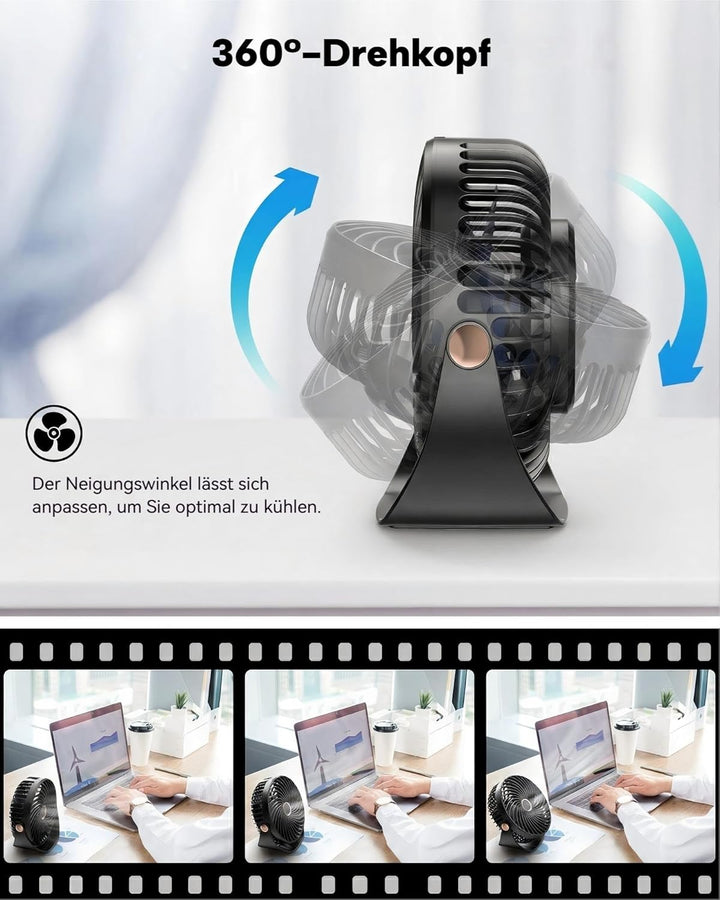 Tischventilator Klein, Leiser Mini Ventilator 26dB, 5 Geschwindigkeiten,3000mAh Akku,360° Verstellba