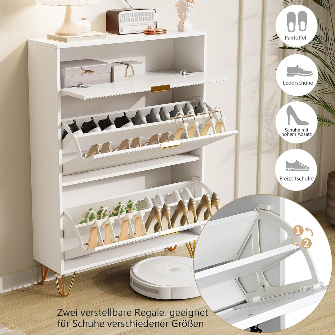 Schuhschrank mit 3 Klappen, Schuhregal, Shoe Cabinet weiss, schuhkipper schmal mit 6 Fächern, schuhs