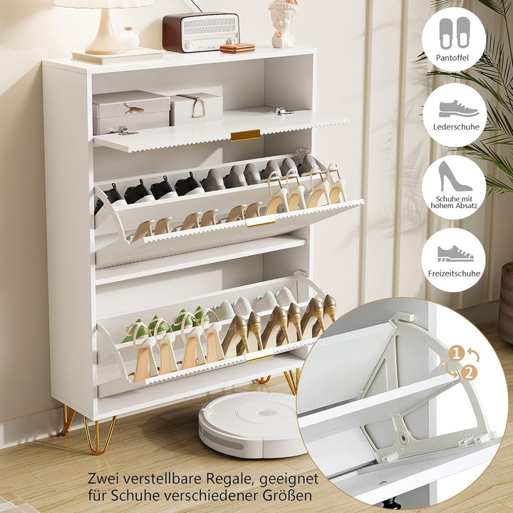 2er Set Schuhschrank mit 2 Klappen und 1 Türen, Weiss Schuhregal Schuhkipper Schmal, Anti-Kipp-Vorri