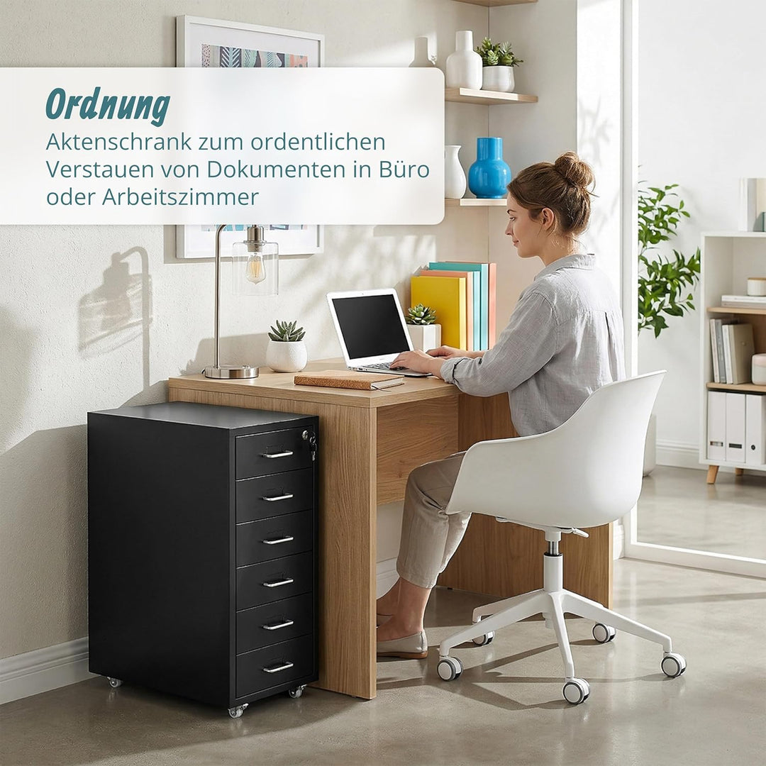 Relaxdays Rollcontainer, 6 Schubladen, HxBxT: 69 x 28 x 41 cm, abschliessbar, Aktenschrank auf Rolle