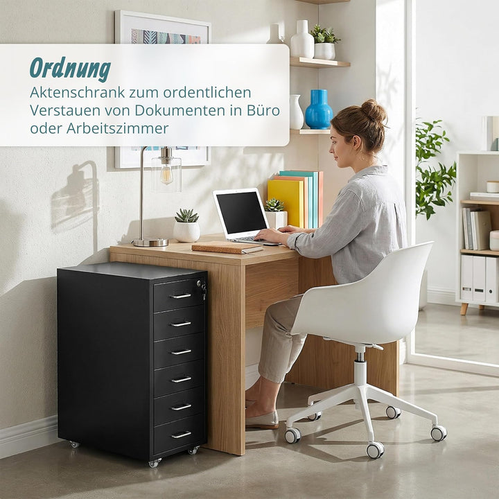 Relaxdays Rollcontainer, 6 Schubladen, HxBxT: 69 x 28 x 41 cm, abschliessbar, Aktenschrank auf Rolle
