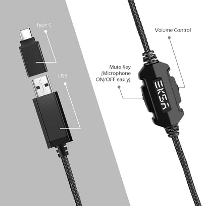 EKSA E1000 USB Gaming Headset für PC - Over Ear Headphones mit Mikrofon, Nosie Cancelling Mic, 7.1 S