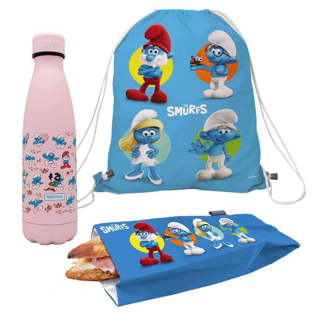 Nerthus FIH 1077 Set Rucksack + Snacktasche + Doppelwandflasche 500 ml Schlümpfe