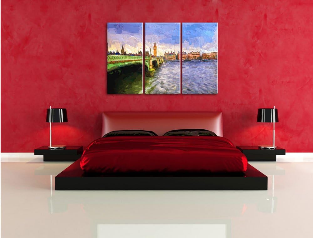 Pixxprint Big Ben mit Brücke in London Pinsel Effekt 3-Teiler Leinwandbild 120x80 Bild auf Leinwand