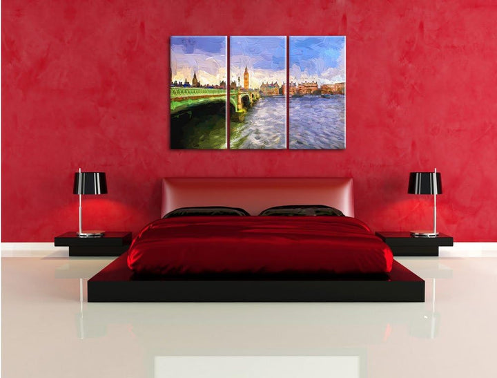 Pixxprint Big Ben mit Brücke in London Pinsel Effekt 3-Teiler Leinwandbild 120x80 Bild auf Leinwand