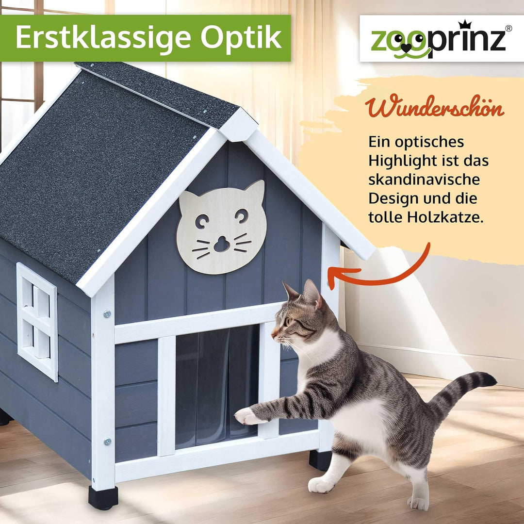 zooprinz Holz Katzenhaus – Katzenhütte im Skandi-Look, Grau-Weiss | Katzenkiste mit Bitumen-Dach für