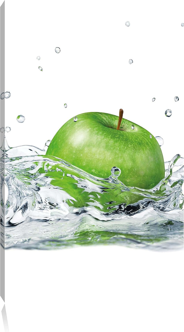 Pixxprint Grüner Apfel fällt ins Wasser, Format: 100x70 auf Leinwand, 100x70