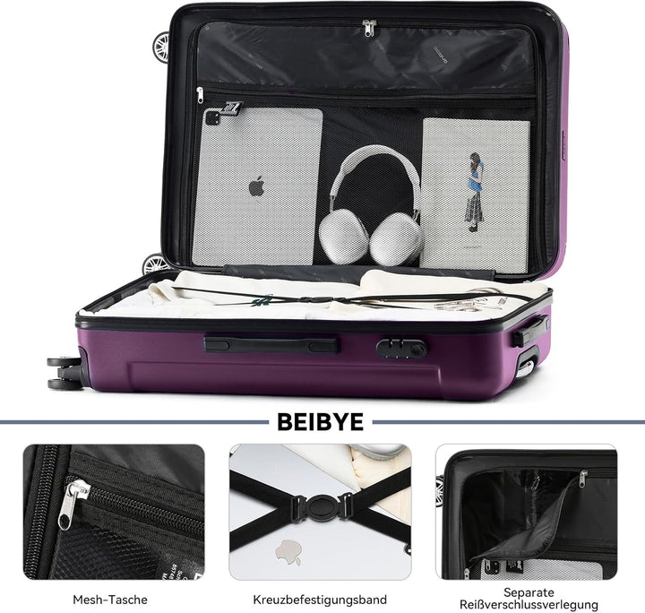 BEIBYE- Hartschalenkoffer Koffer Trolley Rollkoffer Reisekoffer Zahlenschloss 4 Zwilings-Rollen (Vio