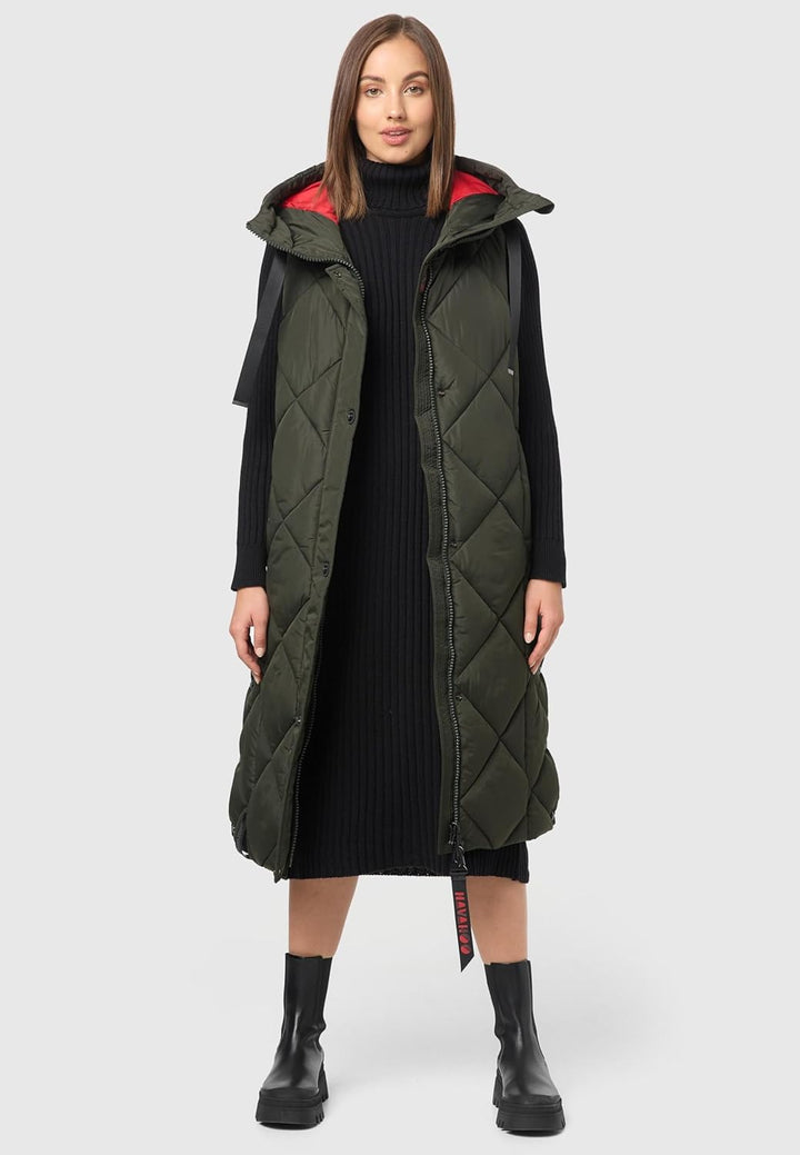 Navahoo warme Damen Winter Steppweste lang mit Kapuze Schnuckel XS-XXL S Dark Olive, S Dark Olive