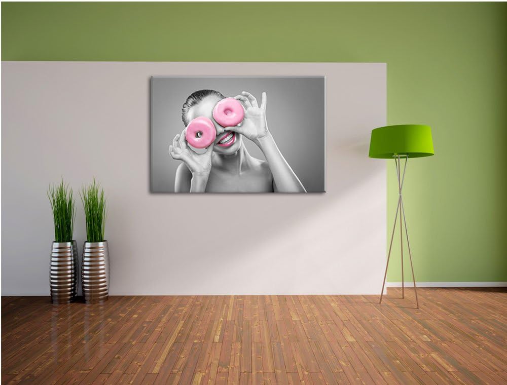 lustige Frau mit rosa Donut Augen schwarz/weiss Format: 100x70 auf Leinwand, XXL riesige Bilder fert