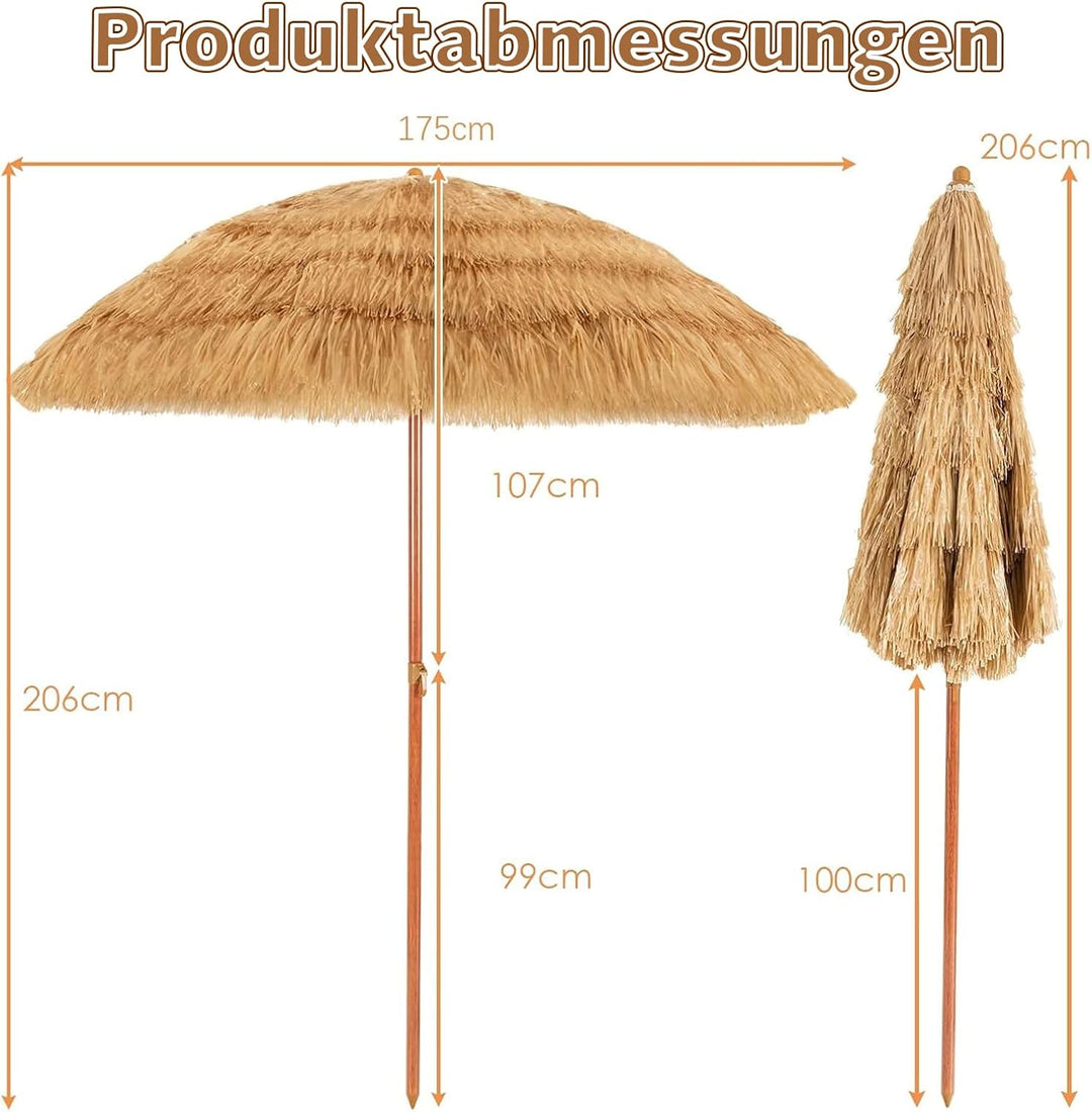 GOPLUS Sonnenschirm Hawaii, Ø 175 cm Sonnenschirm Stroh um 30° knickbar, Strandschirm mit PP-Stroh &amp;