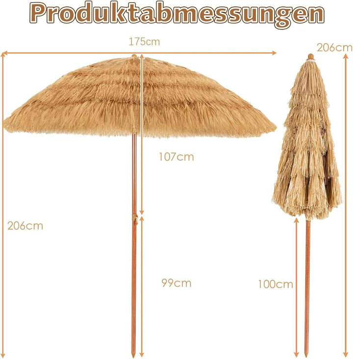 GOPLUS Sonnenschirm Hawaii, Ø 175 cm Sonnenschirm Stroh um 30° knickbar, Strandschirm mit PP-Stroh &amp;