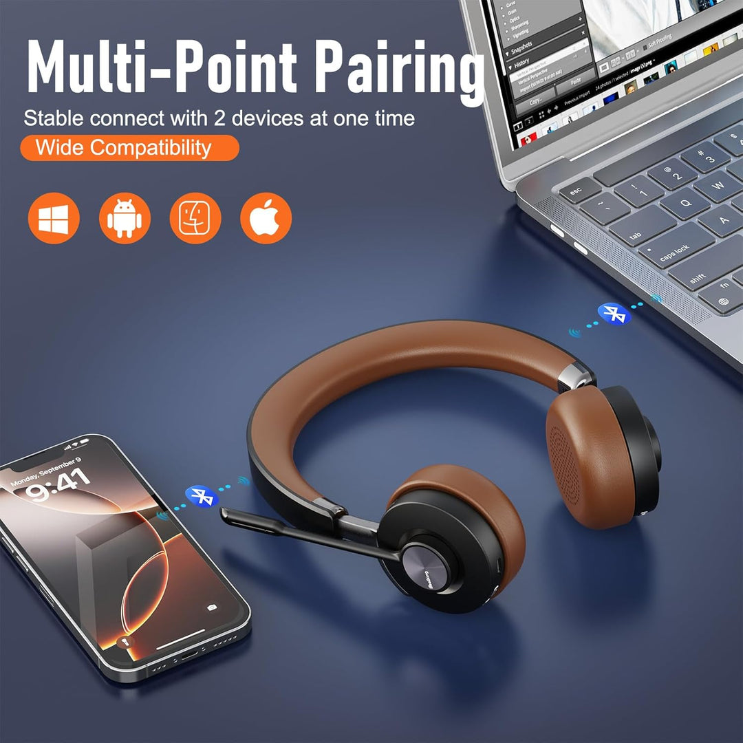 Headset mit Mikrophone Kabelloses, Bluetooth Headset für PC Laptop, 32h Gesprächszeit, USB A Dongle