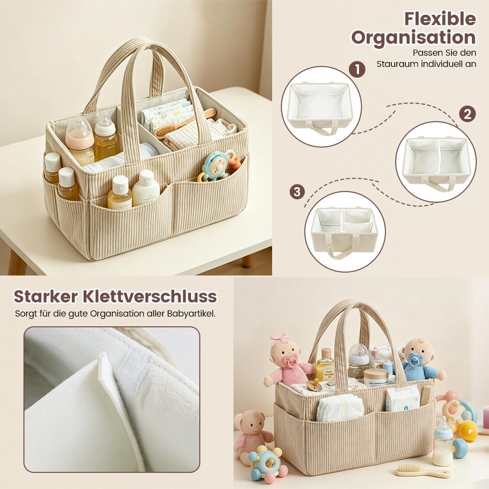 Generisch Wickelkorb Cord Beige, 18x23x36cm Wickelorganizer für Windeln, Feuchttücher und Babyartike