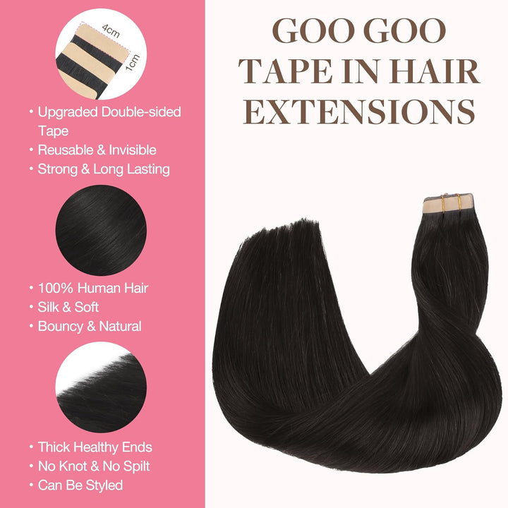 GOO GOO Echthaar Extensions Tape, 20pcs 50g 55cm Natürliches Schwarz, Real Remy Echthaarverlängerung