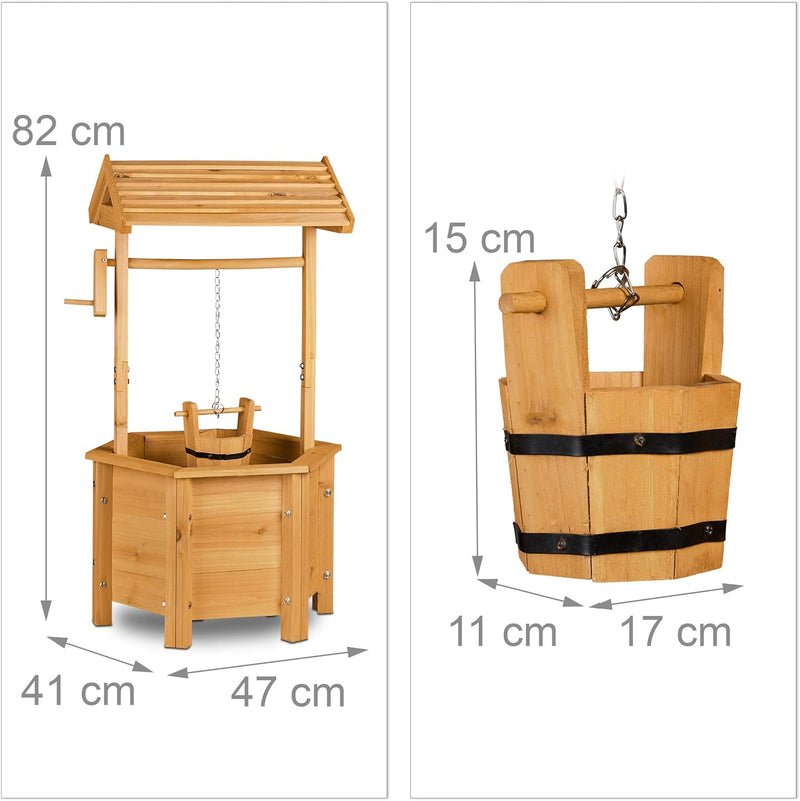 Relaxdays Dekobrunnen Garten Holz, Rolle, Eimer, HxBxT: 82 x 47 x 41 cm, Zierbrunnen, Gartendeko, Ho