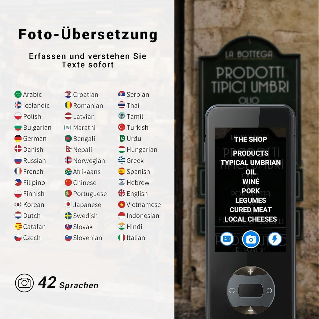 W10 KI Sprachübersetzer Ohne Internet, Echtzeit Voice Translator 144 Sprachen & Akzente, 16 Sprachen