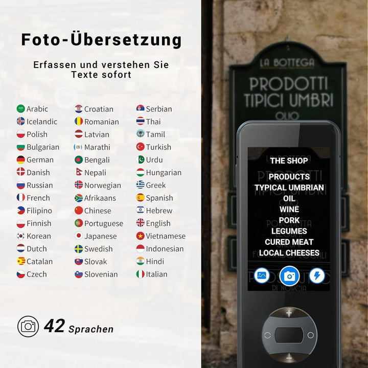 W10 KI Sprachübersetzer Ohne Internet, Echtzeit Voice Translator 144 Sprachen & Akzente, 16 Sprachen