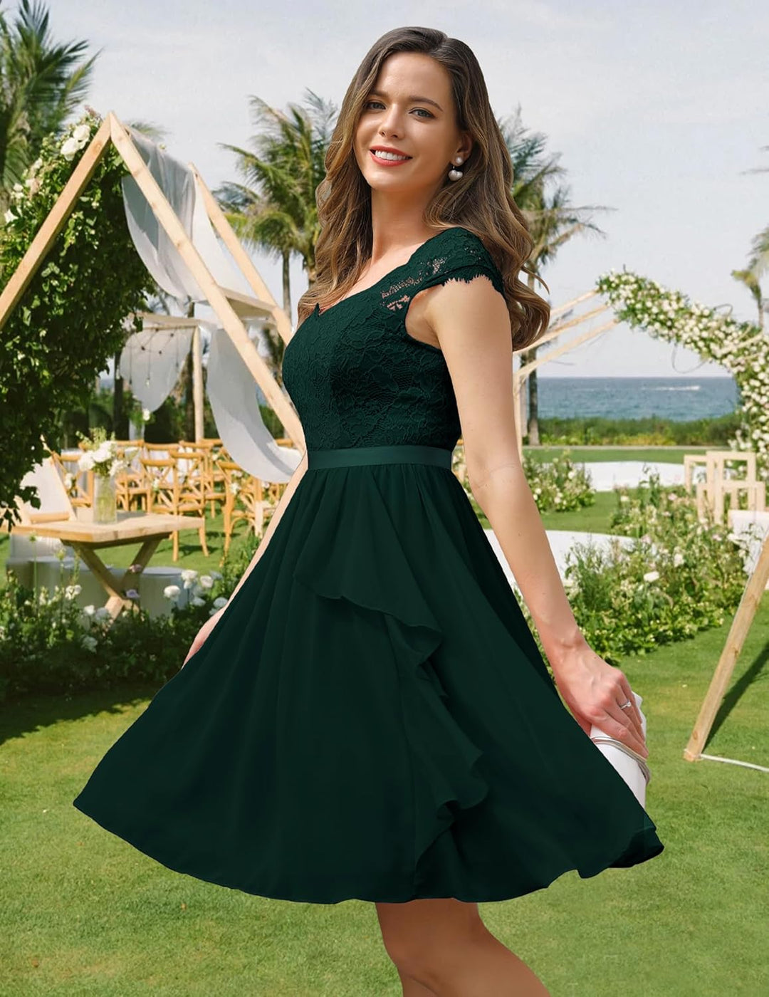 Wedtrend Cocktailkleid Damen Knielang Abendkleid Elegant für Hochzeit Elegant A Linie Rüschenkleid D
