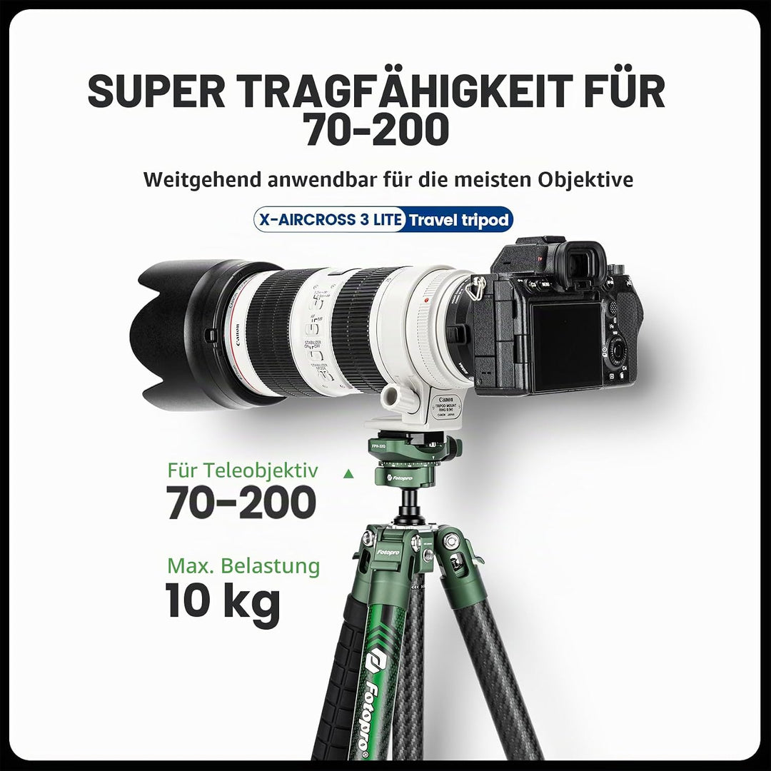 Fotopro Kohlefaser-Stativ 130 cm 360 Grad Kugelkopf, Schnellwechselplatte, leichtes Kamerastativ für
